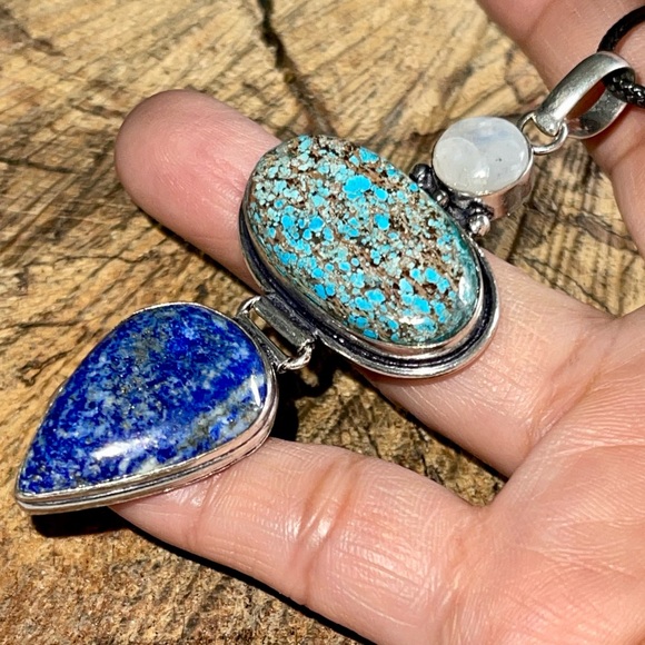 Crystal Pairing of Large Turquoise, Lapis Lazuli & Moonstone Pendant 3 1/4” - Picture 3 of 12